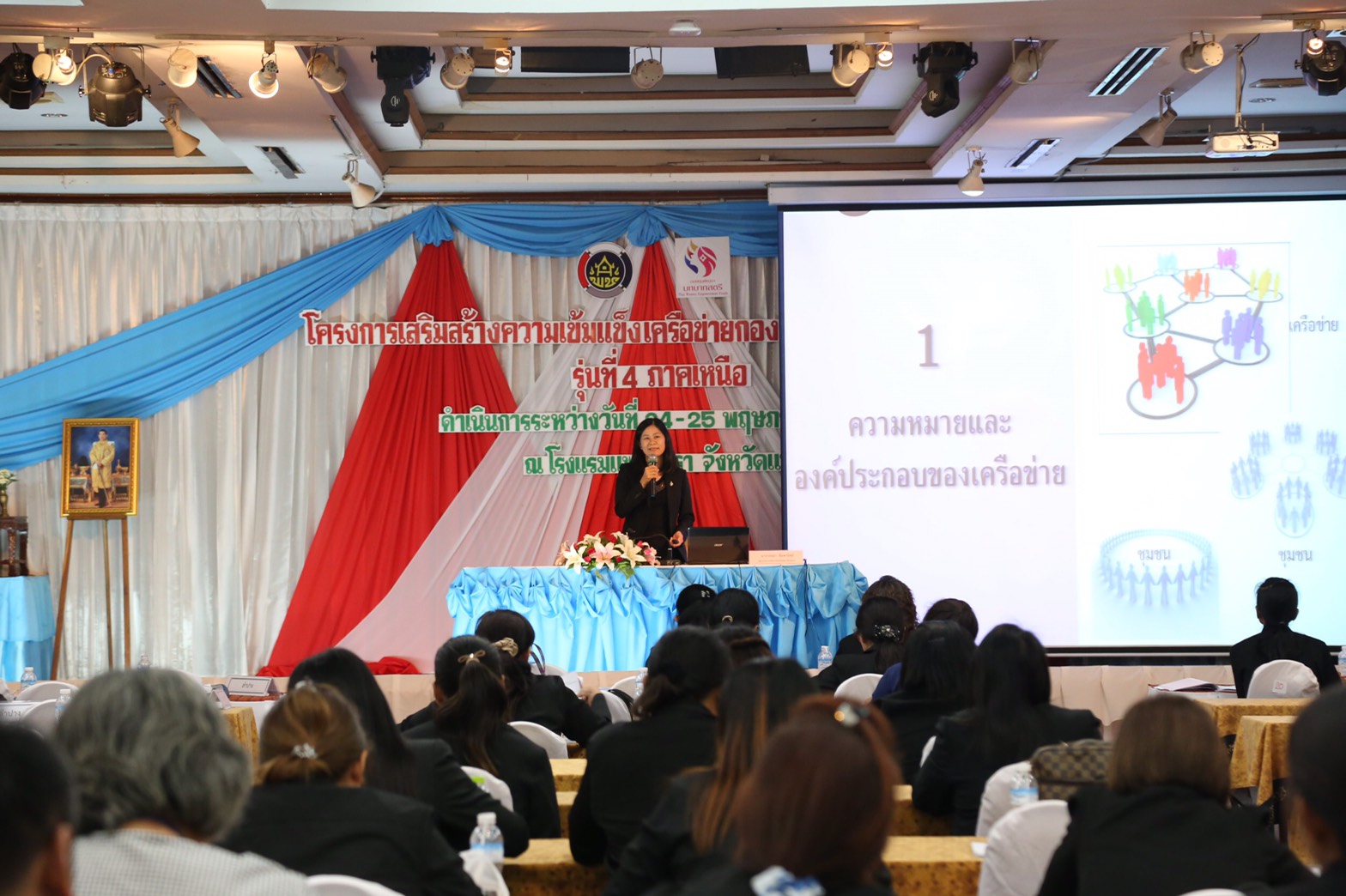 นางวรรณา  ลิ่มพานิชย์ ผอ.กลุ่มงานส่งเสริมสัมมาชีพชุมชน  บรรยายแนวทางการดำเนินงานเครือข่ายกองทุนพัฒนาบทบาทสตรี
